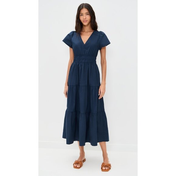 NWT Marea by Liz Joy Annabelle in Navy Blue Cotton Tiered Midi Dress S $268 - Picture 1 of 8